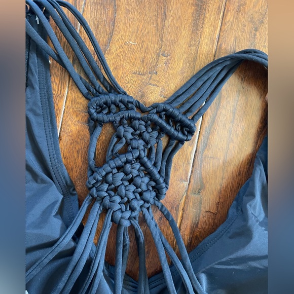 Jantzen Black Macrame Strappy Back One Piece Ruched Bathing Suit Swim 8 - Picture 5 of 11